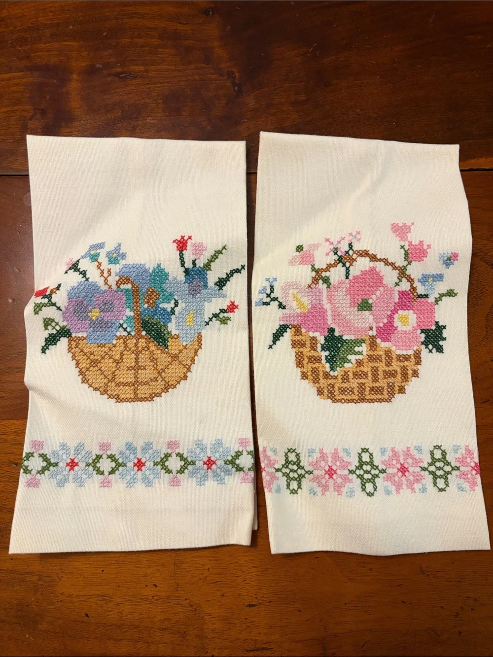 Vintage Linen Towels - Cross Stitch Flower Basket- Set/2 - Pink & Blue